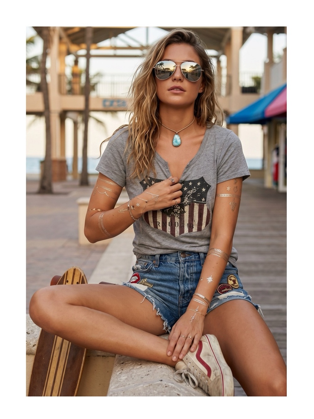 Y2K: Lucky Brand ✪ Stars + Stripes Shield Vintage Slub Tee ✪ Blue Melange ✪ L